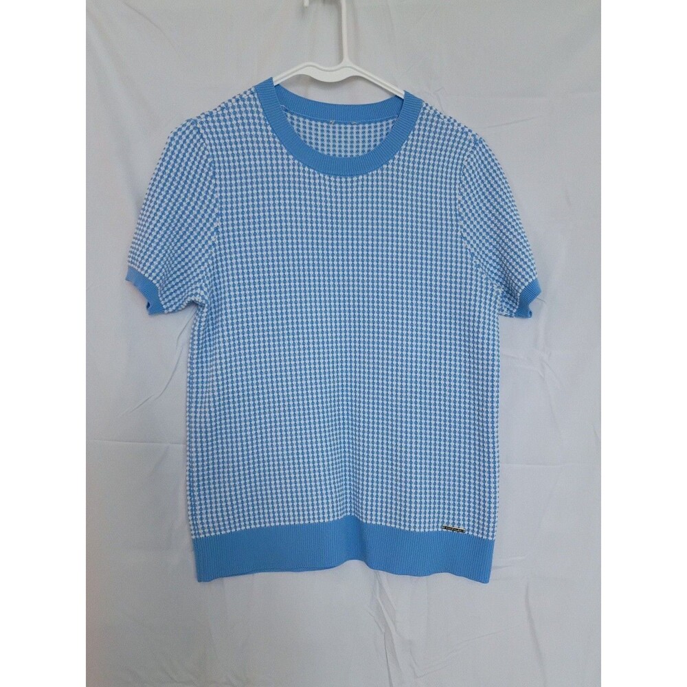 Anne Klein Blue and White Short Sleeve Knit Sweater Top
